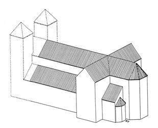 <p>Reconstructie van de in de 11e eeuw gebouwde kapittelkerk (tekening A. Bastemeijer)</p>
